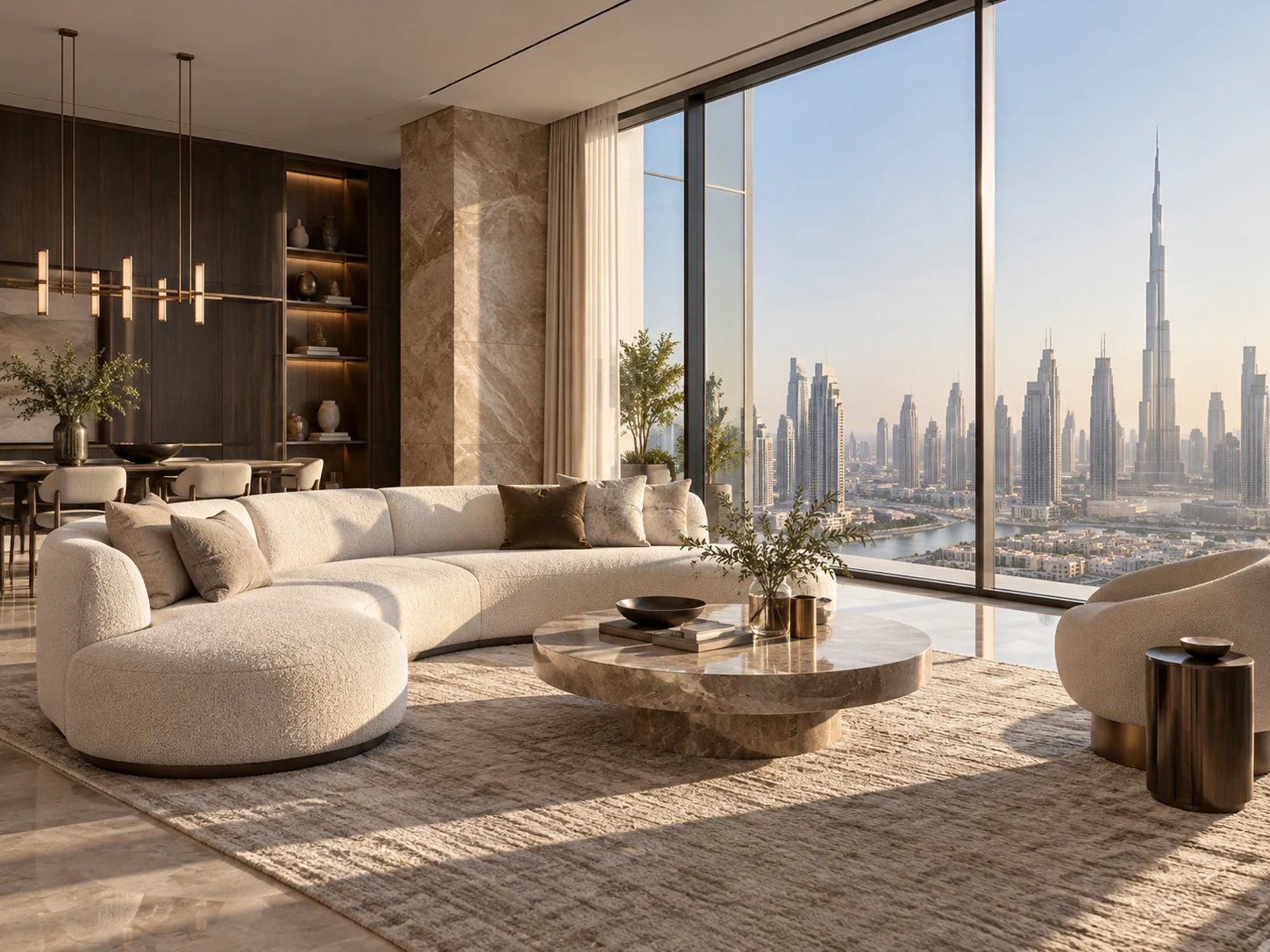 Illustrative modern interior overlooking a Dubai-inspired skyline
