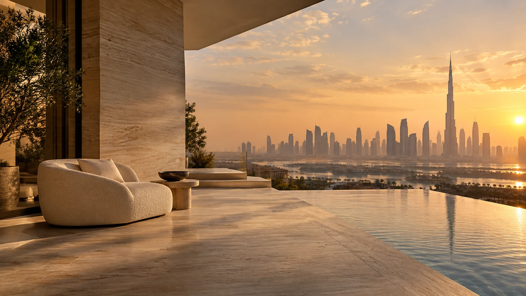 Illustrative architectural terrace framing a Dubai-inspired skyline at sunset