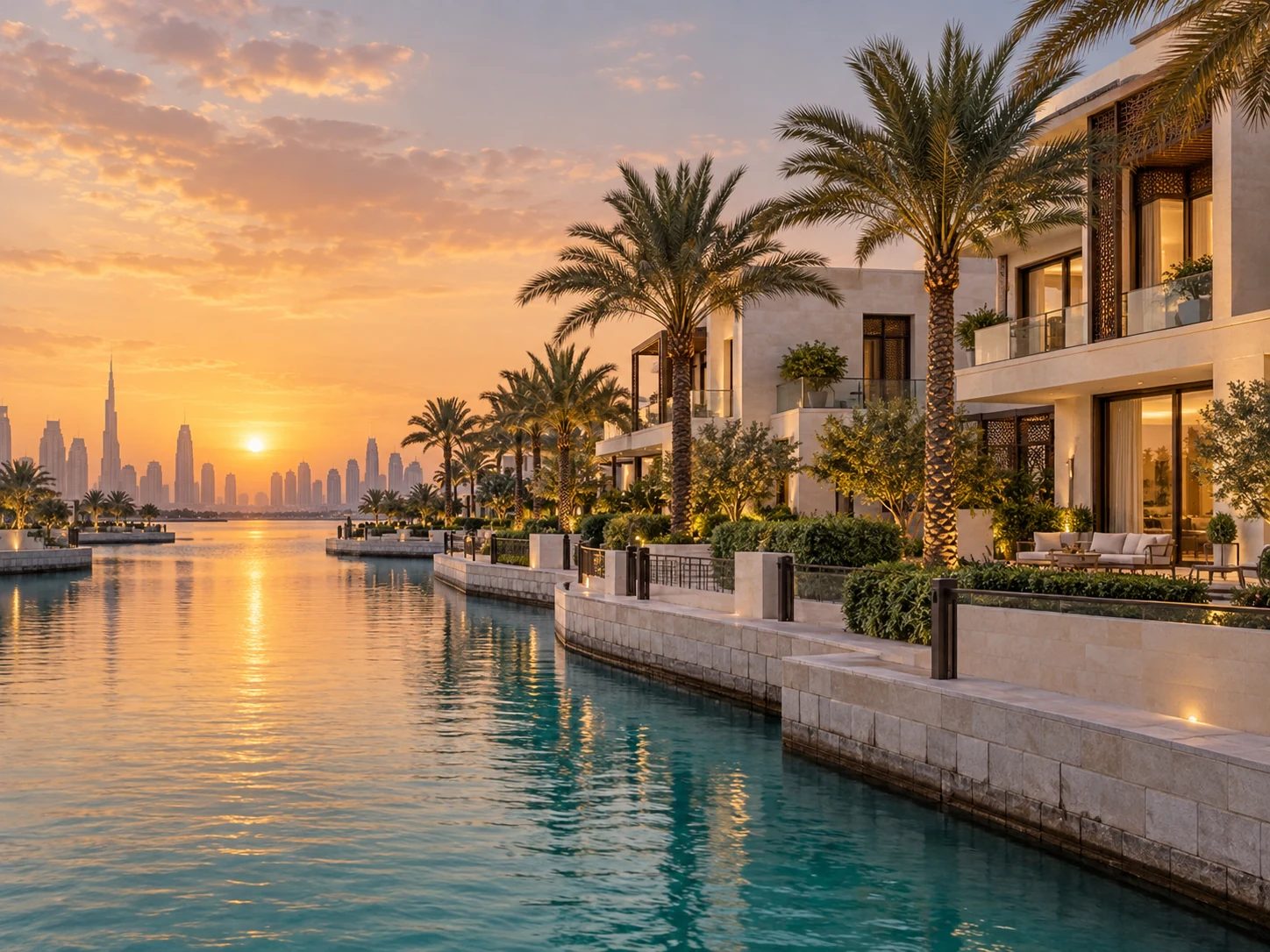 Illustrative waterfront residences with warm stone facades and landscaped terraces